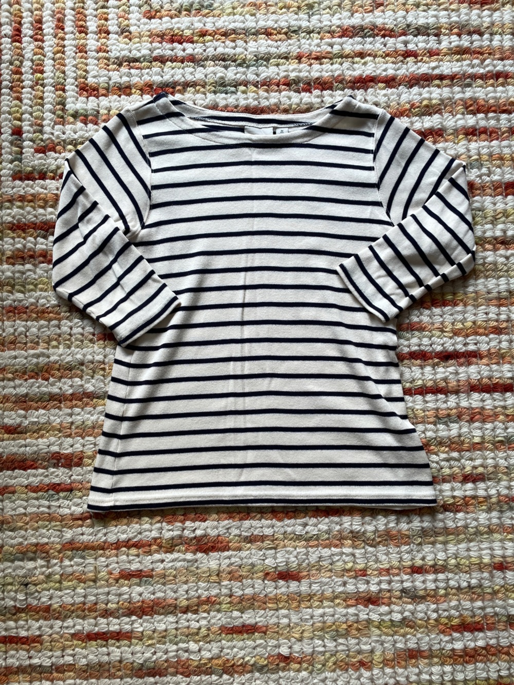 L.L. Bean White and Navy Striped Long Sleeve Tee